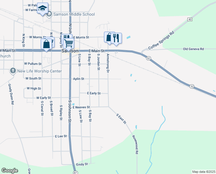 map of restaurants, bars, coffee shops, grocery stores, and more near 207 Armstrong Drive in Samson
