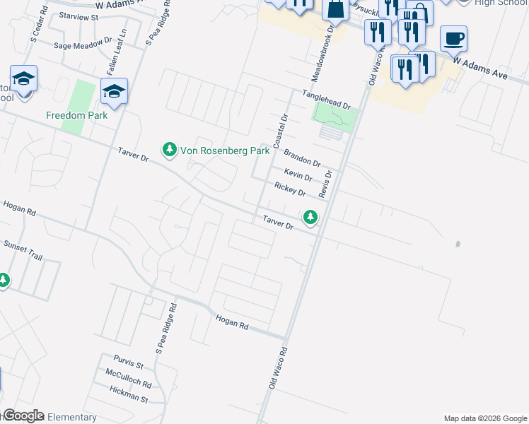 map of restaurants, bars, coffee shops, grocery stores, and more near 7211-7205 Freedom Drive in Temple
