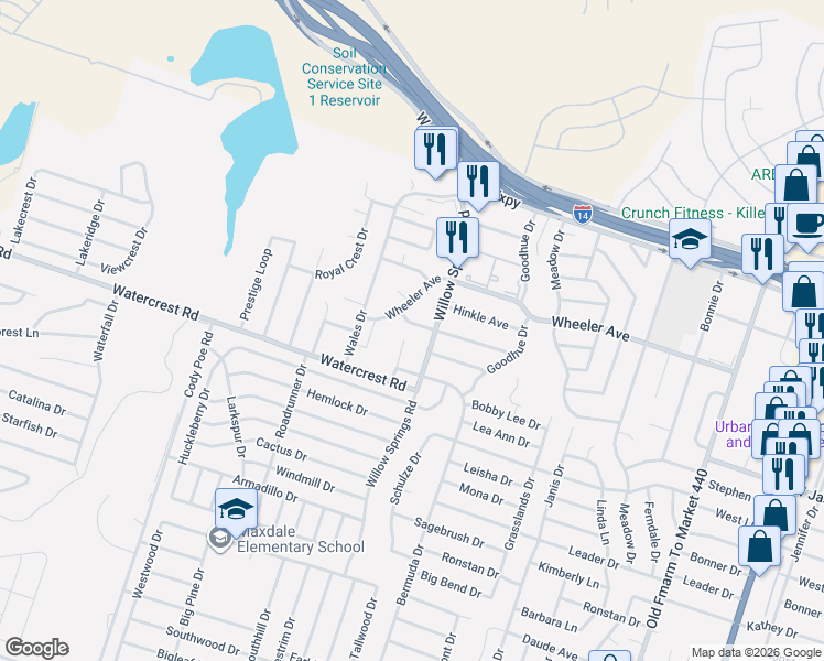 map of restaurants, bars, coffee shops, grocery stores, and more near 2205 Cascade Drive in Killeen
