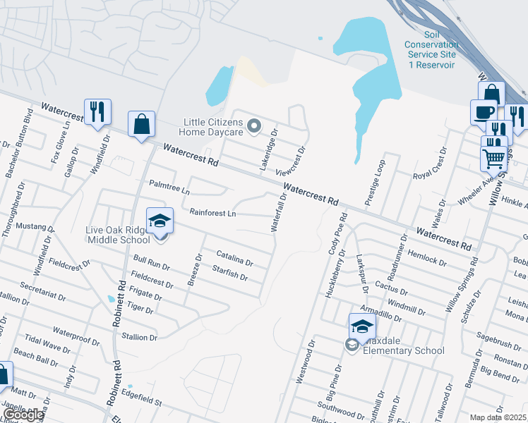 map of restaurants, bars, coffee shops, grocery stores, and more near 3303 Rainforest Lane in Killeen