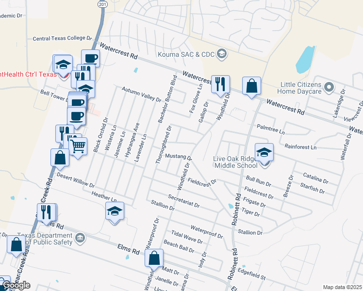 map of restaurants, bars, coffee shops, grocery stores, and more near 4508 Greyhound Drive in Killeen