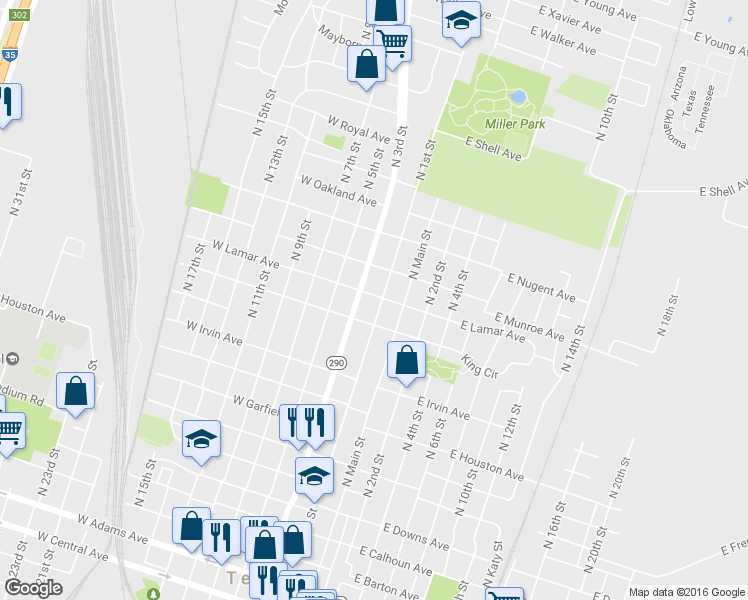 map of restaurants, bars, coffee shops, grocery stores, and more near 1120 South 1st Street in Temple