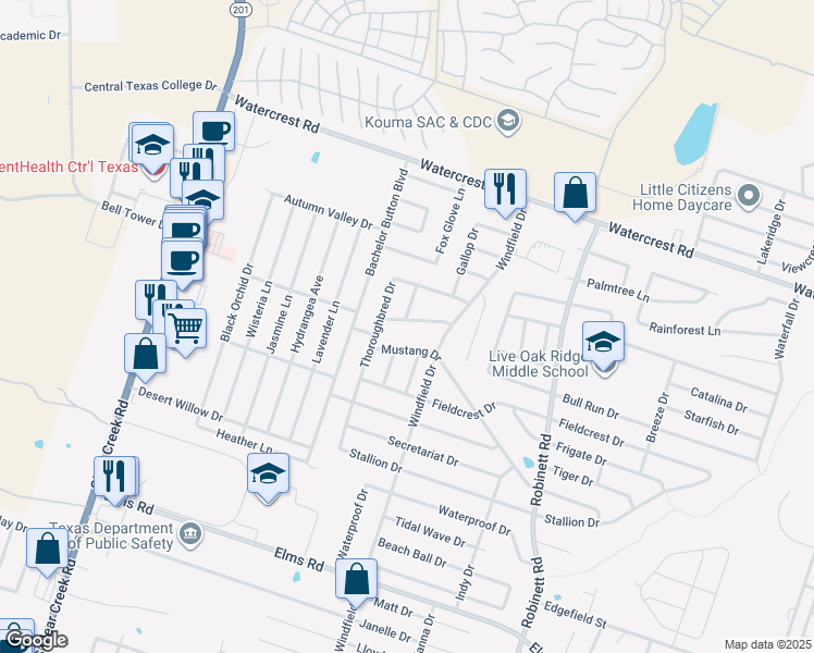 map of restaurants, bars, coffee shops, grocery stores, and more near 4508 Greyhound Drive in Killeen