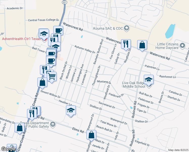 map of restaurants, bars, coffee shops, grocery stores, and more near 2705 Thoroughbred Drive in Killeen