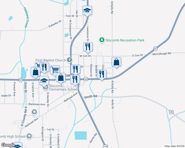 map of restaurants, bars, coffee shops, grocery stores, and more near 138 Watson Street in Slocomb