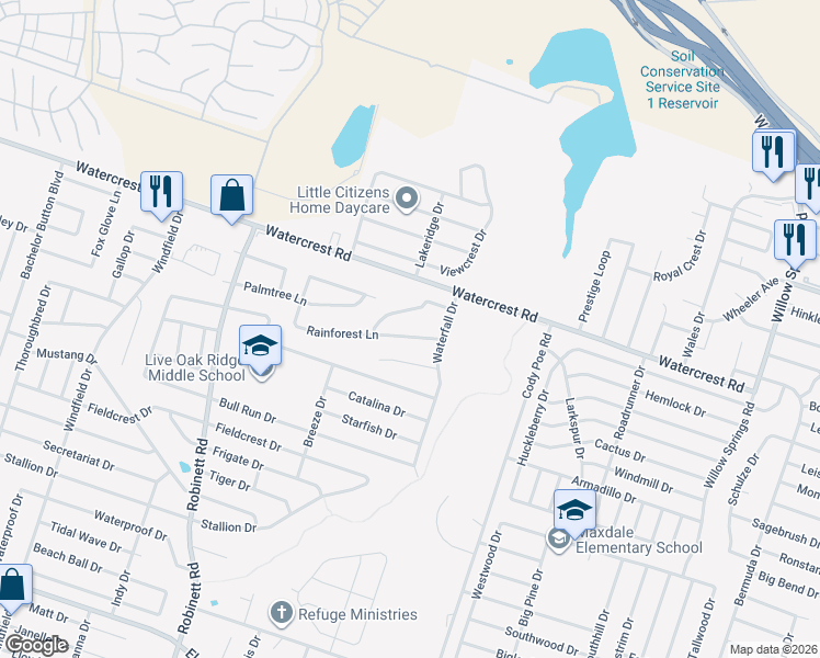 map of restaurants, bars, coffee shops, grocery stores, and more near 3403 Rainforest Lane in Killeen