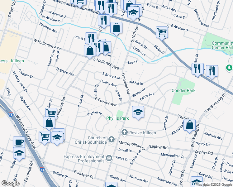 map of restaurants, bars, coffee shops, grocery stores, and more near 911 S 8th St in Killeen