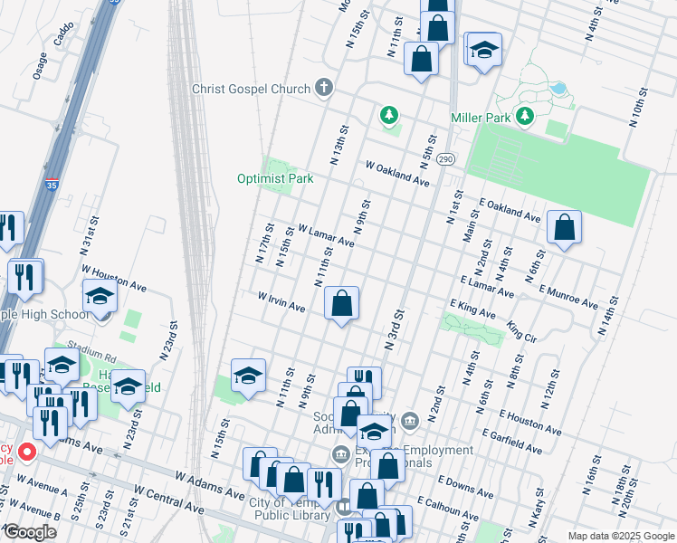 map of restaurants, bars, coffee shops, grocery stores, and more near 1020 North 9th Street in Temple