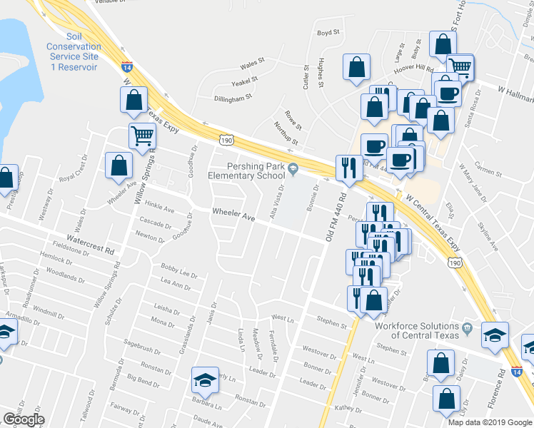 map of restaurants, bars, coffee shops, grocery stores, and more near 1125 Alta Vista Drive in Killeen