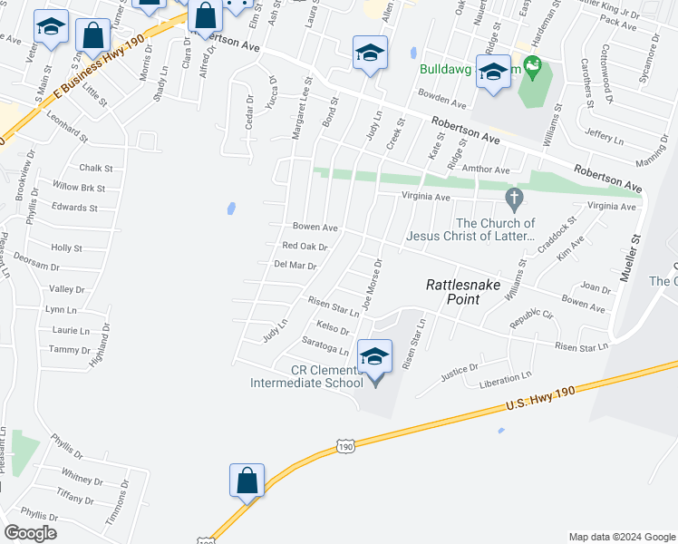 map of restaurants, bars, coffee shops, grocery stores, and more near 1102 Creek Street in Copperas Cove
