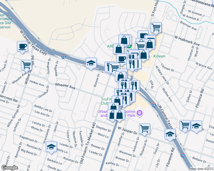 map of restaurants, bars, coffee shops, grocery stores, and more near 1311 Pershing Drive in Killeen