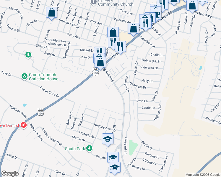 map of restaurants, bars, coffee shops, grocery stores, and more near 1204 Randa Street in Copperas Cove