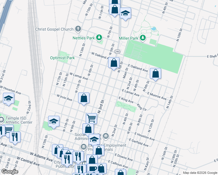map of restaurants, bars, coffee shops, grocery stores, and more near 1120 South 1st Street in Temple