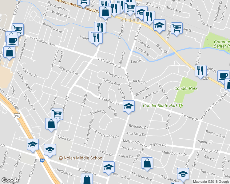map of restaurants, bars, coffee shops, grocery stores, and more near 1007 Shofner Street in Killeen