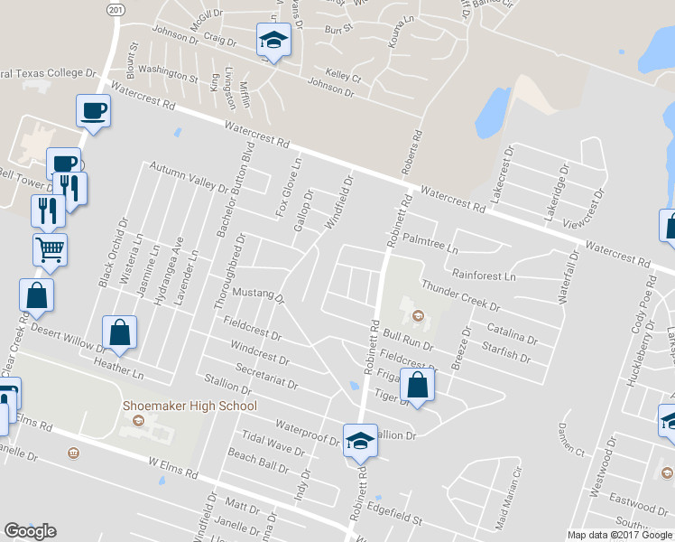 map of restaurants, bars, coffee shops, grocery stores, and more near 4206 Rambling Range Drive in Killeen