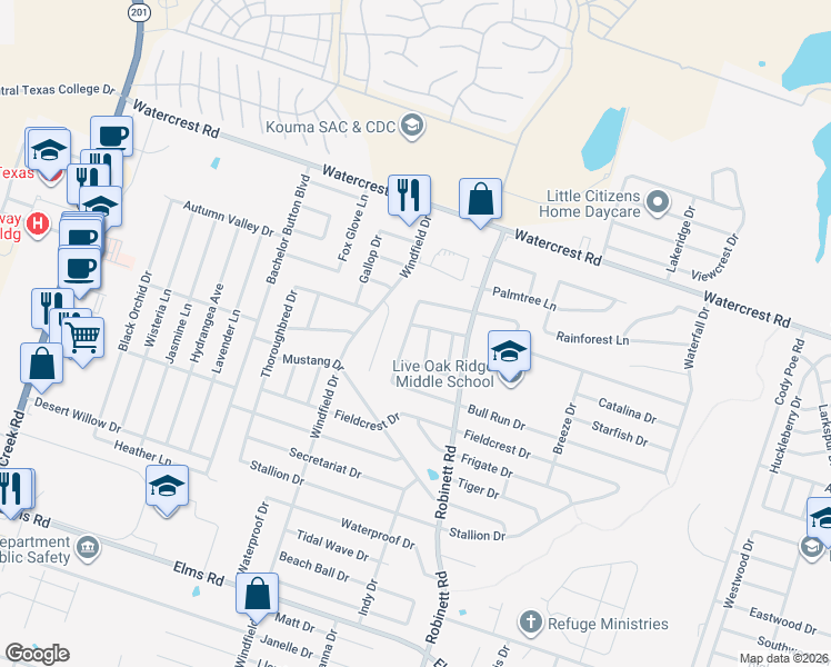map of restaurants, bars, coffee shops, grocery stores, and more near 2600 Buccaneer Drive in Killeen