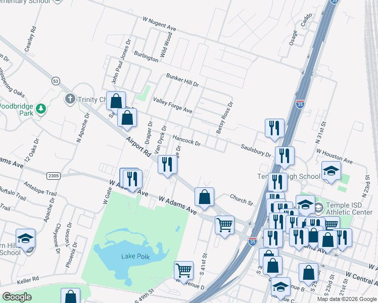 map of restaurants, bars, coffee shops, grocery stores, and more near 2406 Airport Road in Temple