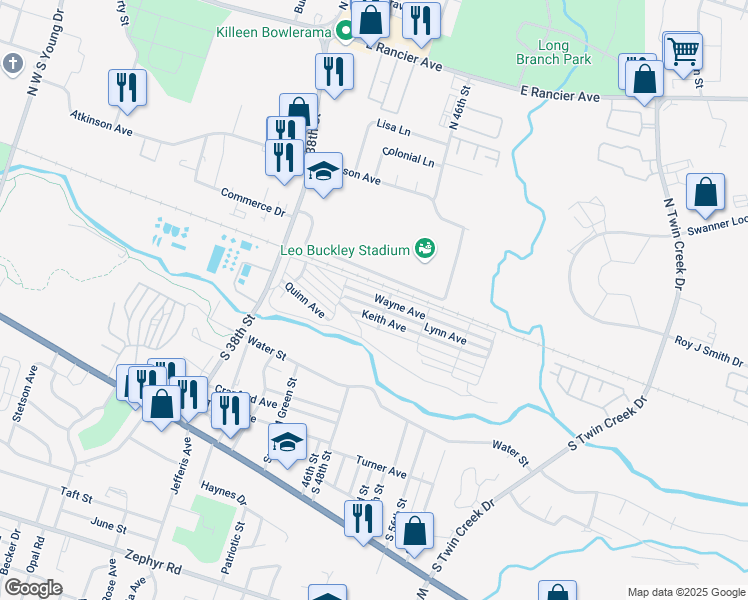 map of restaurants, bars, coffee shops, grocery stores, and more near 3323 Wayne Avenue in Killeen