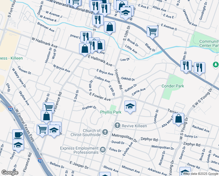 map of restaurants, bars, coffee shops, grocery stores, and more near 911 South 8th Street in Killeen