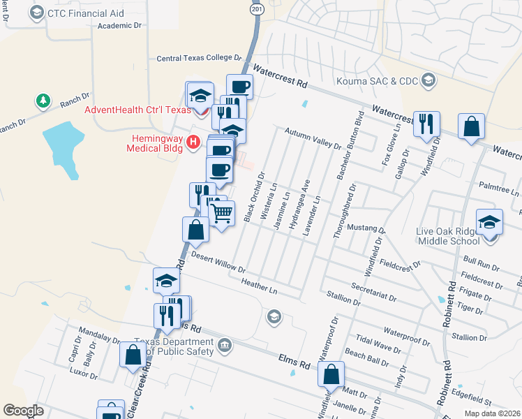 map of restaurants, bars, coffee shops, grocery stores, and more near 2804 Wisteria Lane in Killeen