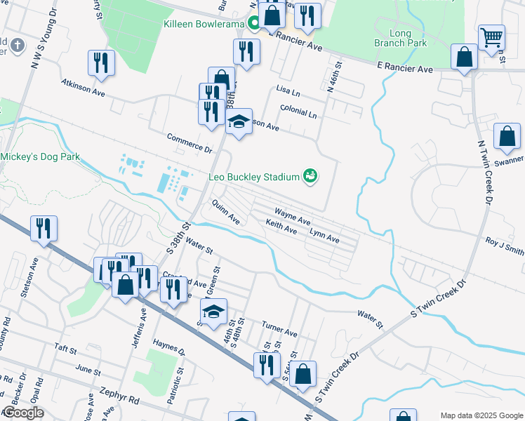 map of restaurants, bars, coffee shops, grocery stores, and more near 3313 Lynn Avenue in Killeen