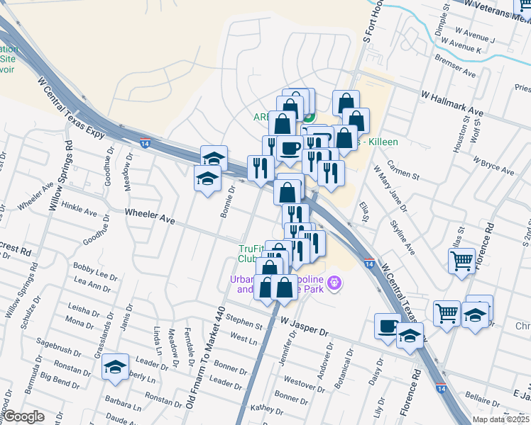 map of restaurants, bars, coffee shops, grocery stores, and more near 1311 Pershing Drive in Killeen
