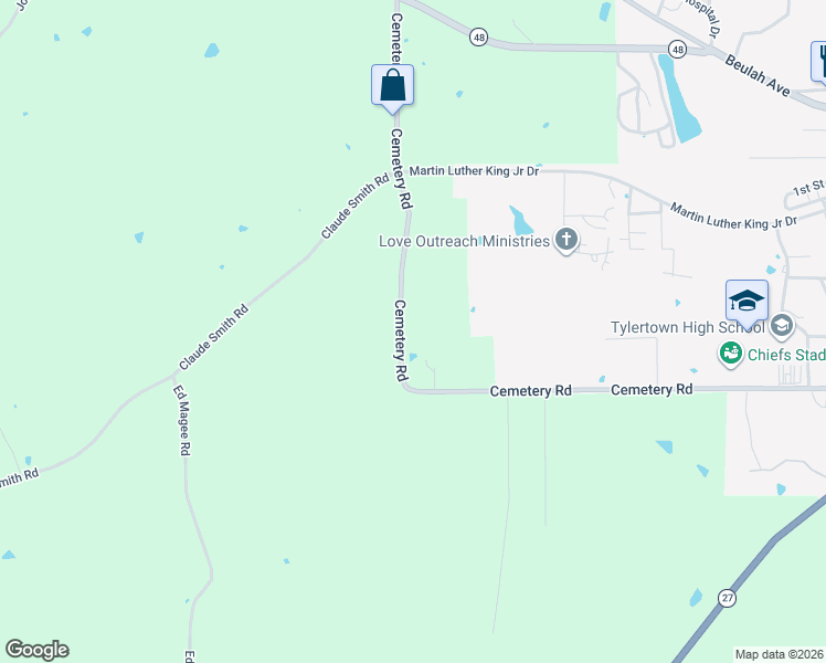 map of restaurants, bars, coffee shops, grocery stores, and more near 145 Cemetery Road in Tylertown