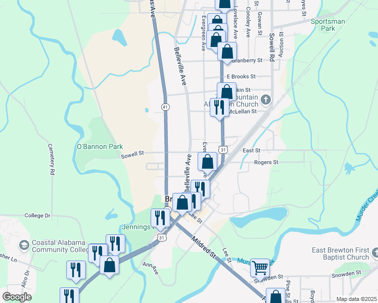 map of restaurants, bars, coffee shops, grocery stores, and more near in Brewton
