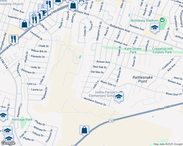 map of restaurants, bars, coffee shops, grocery stores, and more near 502 Del Mar Drive in Copperas Cove