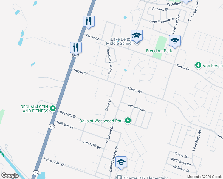 map of restaurants, bars, coffee shops, grocery stores, and more near 1418 Cedar Lane in Temple