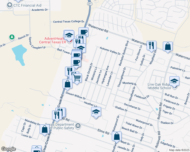 map of restaurants, bars, coffee shops, grocery stores, and more near 2804 Wisteria Lane in Killeen