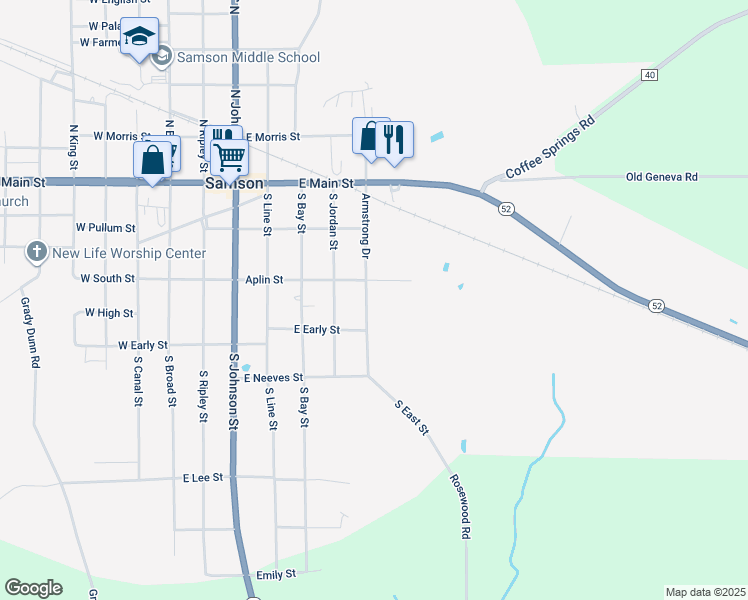 map of restaurants, bars, coffee shops, grocery stores, and more near 207 Armstrong Drive in Samson