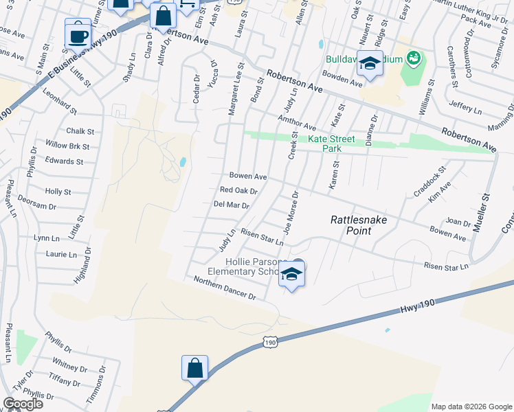 map of restaurants, bars, coffee shops, grocery stores, and more near 1007 Judy Lane in Copperas Cove