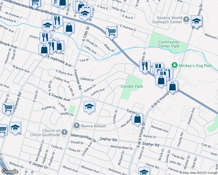map of restaurants, bars, coffee shops, grocery stores, and more near 802 Carrie Avenue in Killeen