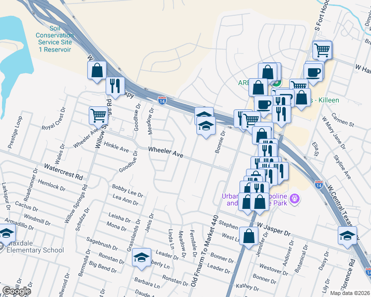 map of restaurants, bars, coffee shops, grocery stores, and more near 1125 Alta Vista Drive in Killeen