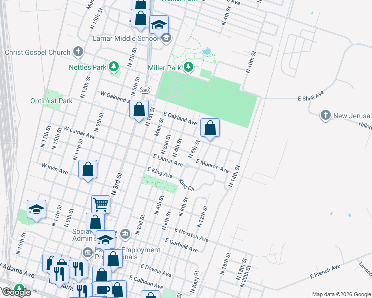 map of restaurants, bars, coffee shops, grocery stores, and more near 218 East Munroe Avenue in Temple
