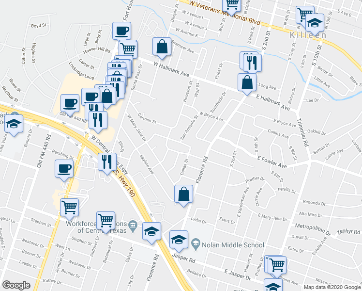 map of restaurants, bars, coffee shops, grocery stores, and more near 406 West Voelter Avenue in Killeen