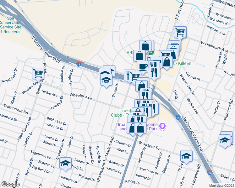 map of restaurants, bars, coffee shops, grocery stores, and more near 2 Pershing Drive in Killeen