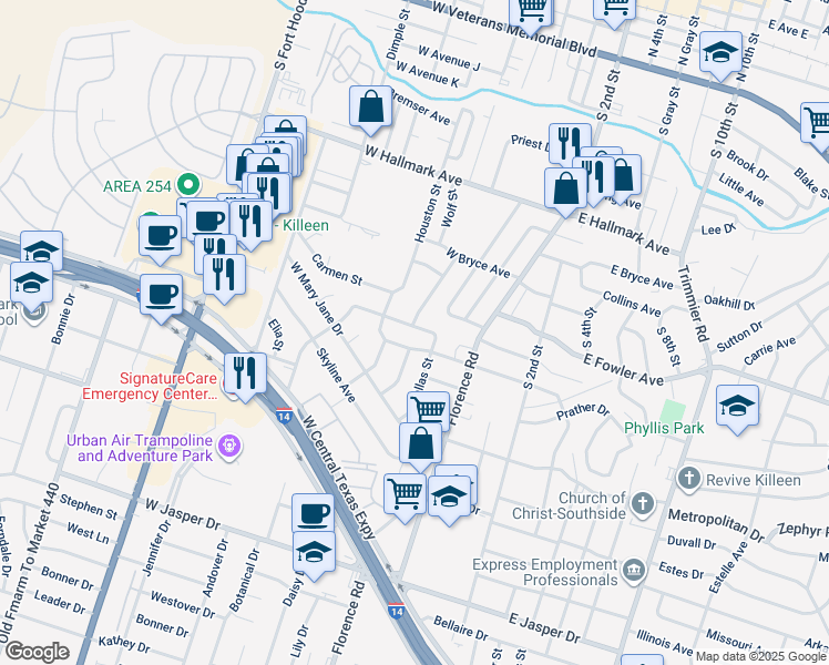 map of restaurants, bars, coffee shops, grocery stores, and more near 400 West Voelter Avenue in Killeen