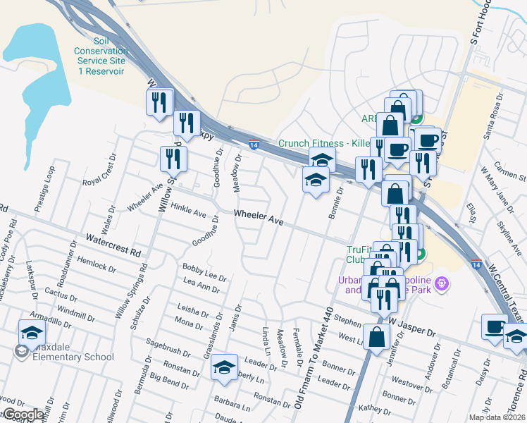 map of restaurants, bars, coffee shops, grocery stores, and more near 1128 Crestridge Drive in Killeen