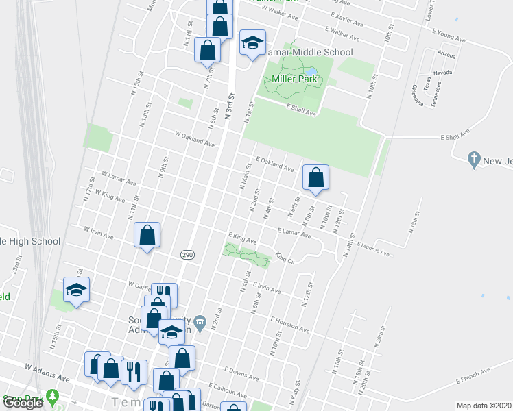 map of restaurants, bars, coffee shops, grocery stores, and more near 123 East Munroe Avenue in Temple