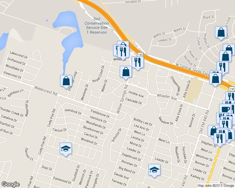 map of restaurants, bars, coffee shops, grocery stores, and more near 2205 Cascade Drive in Killeen