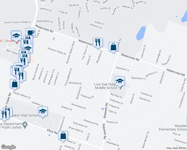 map of restaurants, bars, coffee shops, grocery stores, and more near 2700 Seabiscuit Drive in Killeen