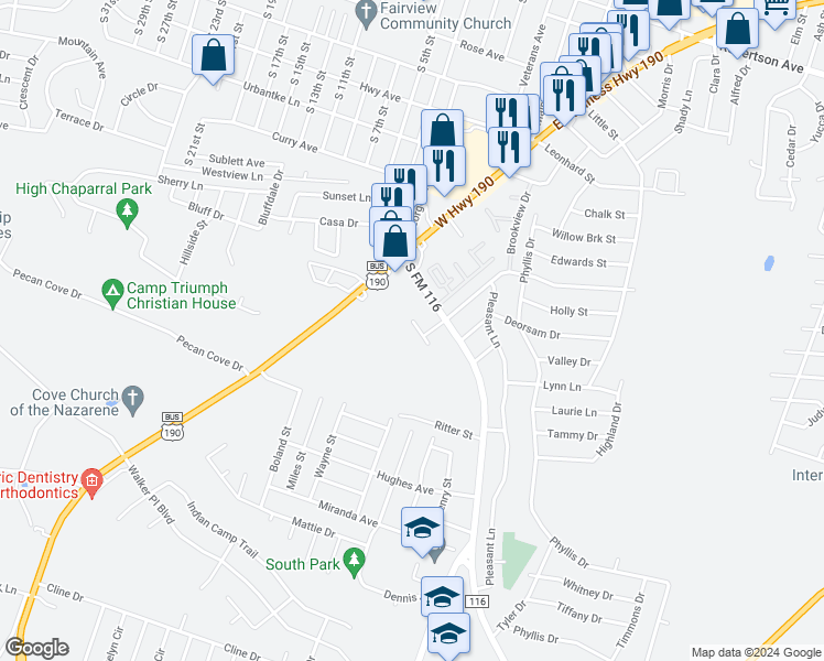 map of restaurants, bars, coffee shops, grocery stores, and more near 1204 Randa Street in Copperas Cove