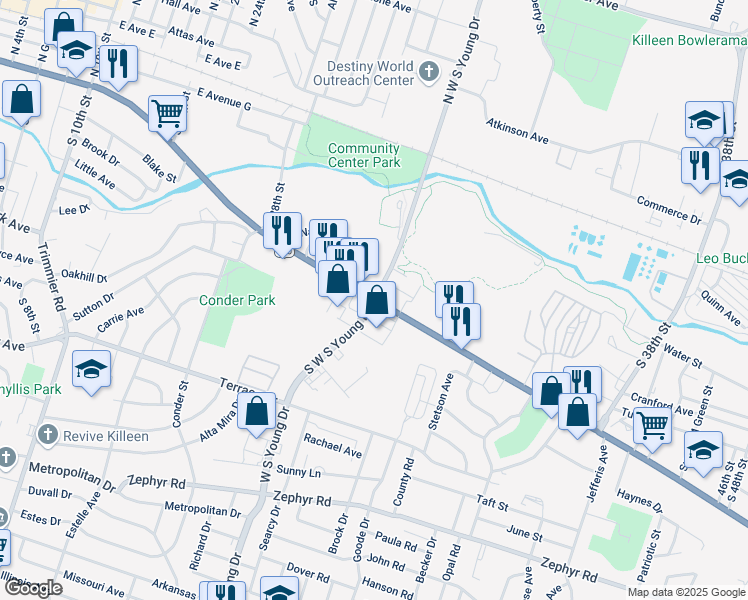 map of restaurants, bars, coffee shops, grocery stores, and more near 800 South W S Young Drive in Killeen