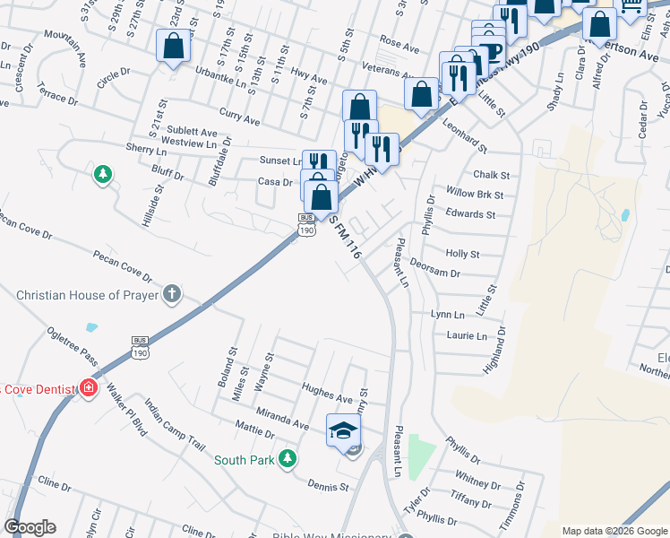 map of restaurants, bars, coffee shops, grocery stores, and more near 1308 Brown Drive in Copperas Cove