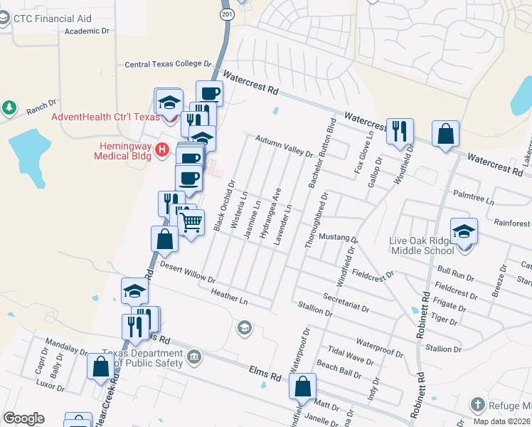 map of restaurants, bars, coffee shops, grocery stores, and more near 2801 Hydrangea Avenue in Killeen