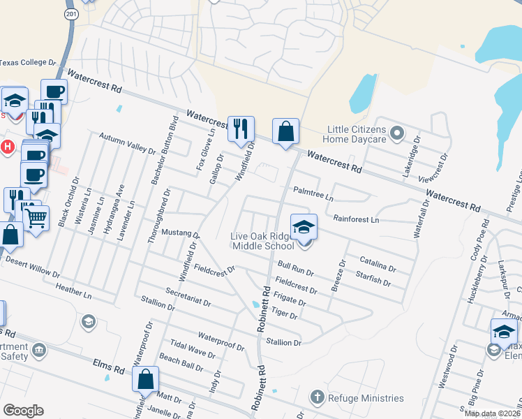 map of restaurants, bars, coffee shops, grocery stores, and more near 2600 Buccaneer Drive in Killeen
