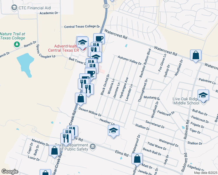 map of restaurants, bars, coffee shops, grocery stores, and more near 2805 Wisteria Lane in Killeen