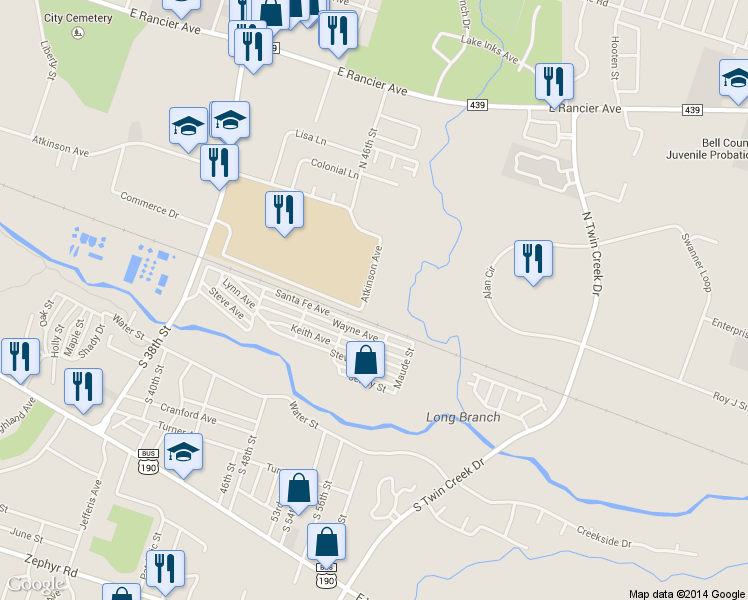 map of restaurants, bars, coffee shops, grocery stores, and more near 100 North 52nd Street in Killeen